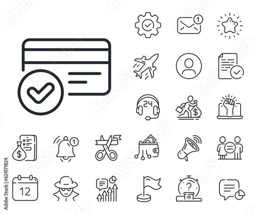 Accepted payment methods sign. Salaryman, gender equality and alert bell outline icons. Approved credit card line icon. Verification symbol. Payment methods line sign. Vector
