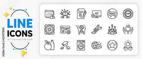Loyalty star, Salary employees and Web settings line icons set for app include Apple, Dryer machine, Escalator outline thin icon. Teamwork question, Shopping cart, Fake news pictogram icon. Vector