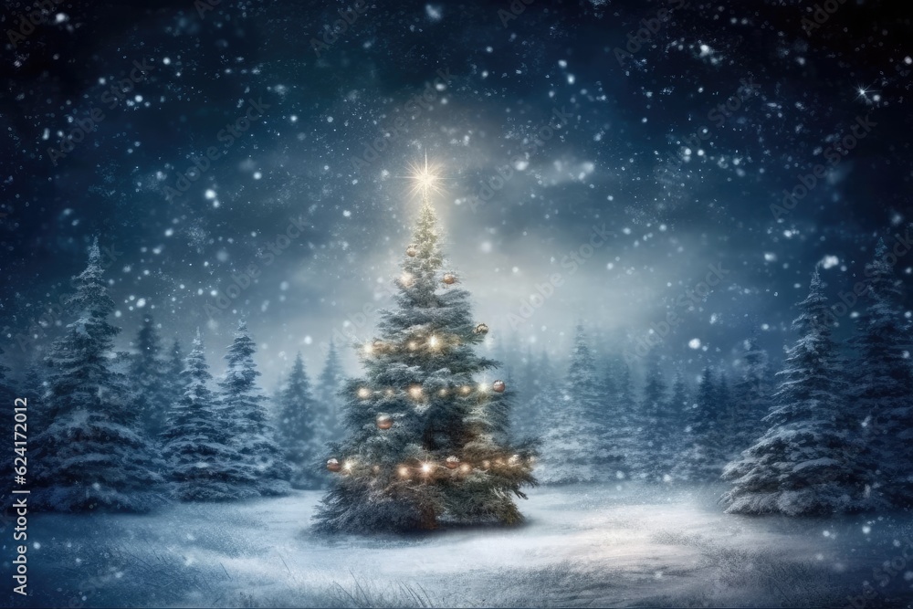 Art Merry Christmas and Happy Holidays greeting card, frame, banner. decorated christmas tree in winter forest. New Year. Noel. Image generated by artificial intelligence