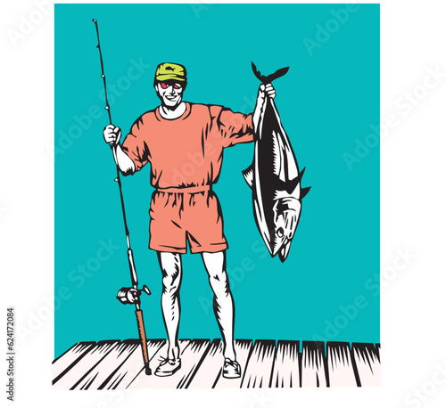 fisherman holding up very large fish on dock vector illustration