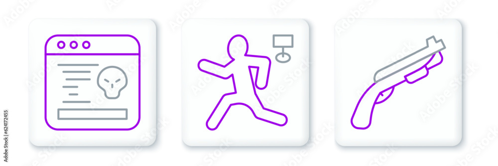 Set line Police shotgun, System bug and Murder icon. Vector Set line Police shotgun, System bug and Murder icon. Vector