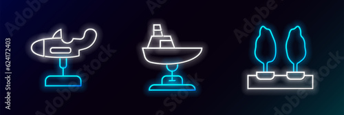 Set line Forest, Swing plane and boat icon. Glowing neon. Vector