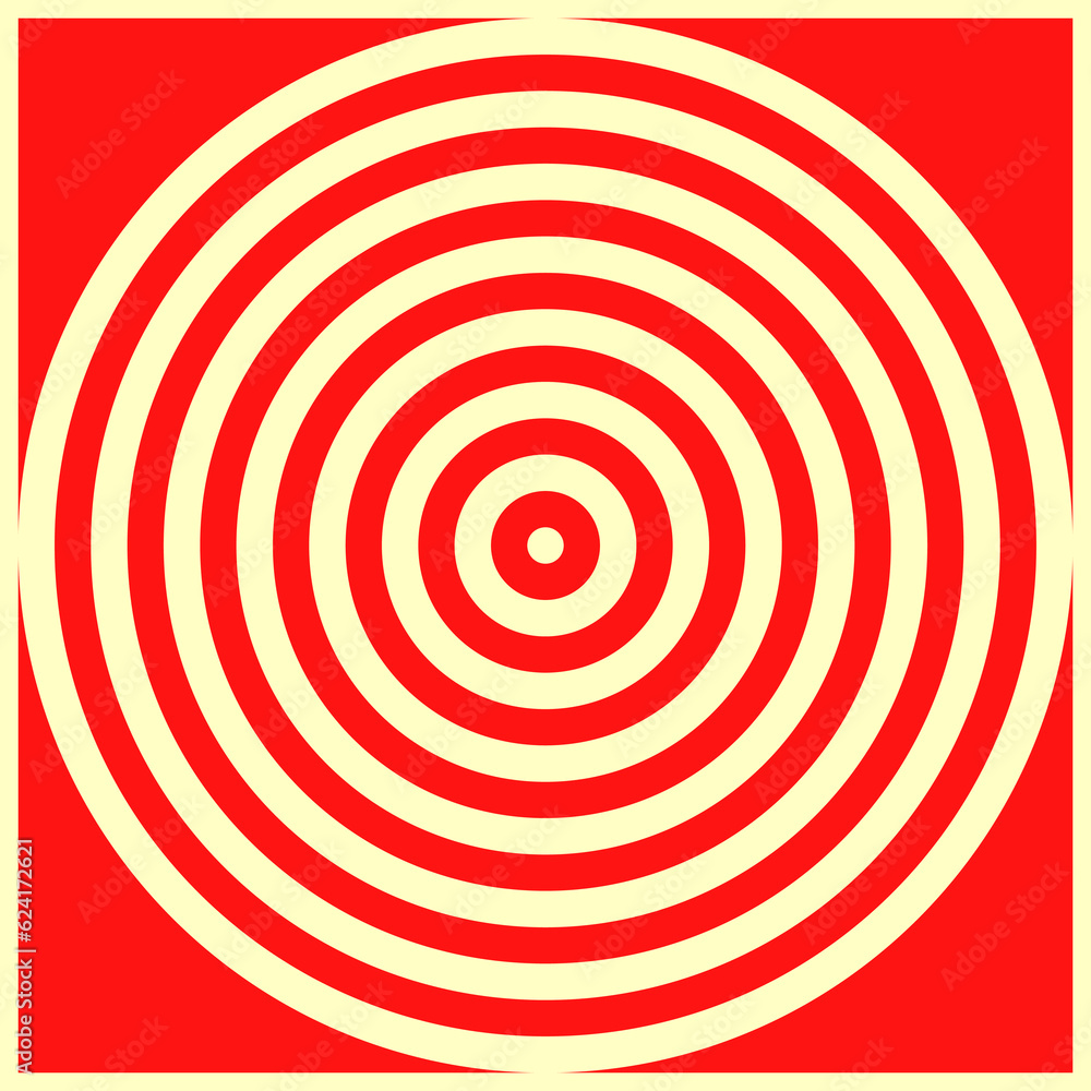 Yellow circles on red background. Symmetric geometric repeating rounds abstract. Stylized wood cutting decorative board. Water marks surface pattern design. Circular spheres borders wallpaper. Vector Yellow circles on red background. Symmetric geometric repeating rounds abstract. Stylized wood cutting decorative board. Water marks surface pattern design. Circular spheres borders wallpaper. Vector