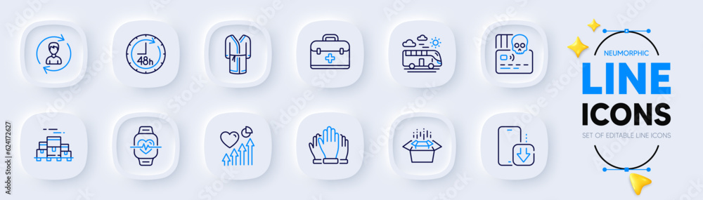 48 hours, Heart beat and Bus travel line icons for web app. Pack of Human resources, Phone download, Vote pictogram icons. Boxes pallet, Bathrobe, Cardio training signs. First aid. Vector