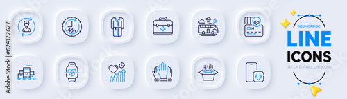 48 hours, Heart beat and Bus travel line icons for web app. Pack of Human resources, Phone download, Vote pictogram icons. Boxes pallet, Bathrobe, Cardio training signs. First aid. Vector