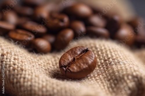 Coffee beans on the a burlap surface. Roasted coffee beans. Generative AI technology. photo