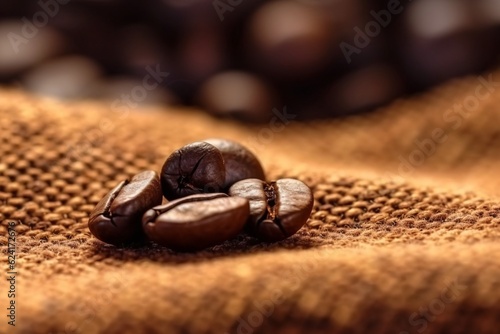 Coffee beans on the a burlap surface. Roasted coffee beans. Generative AI technology. photo