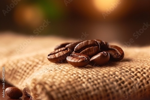 Coffee beans on the a burlap surface. Roasted coffee beans. Generative AI technology.