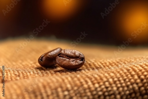 Coffee beans on the a burlap surface. Roasted coffee beans. Generative AI technology. photo