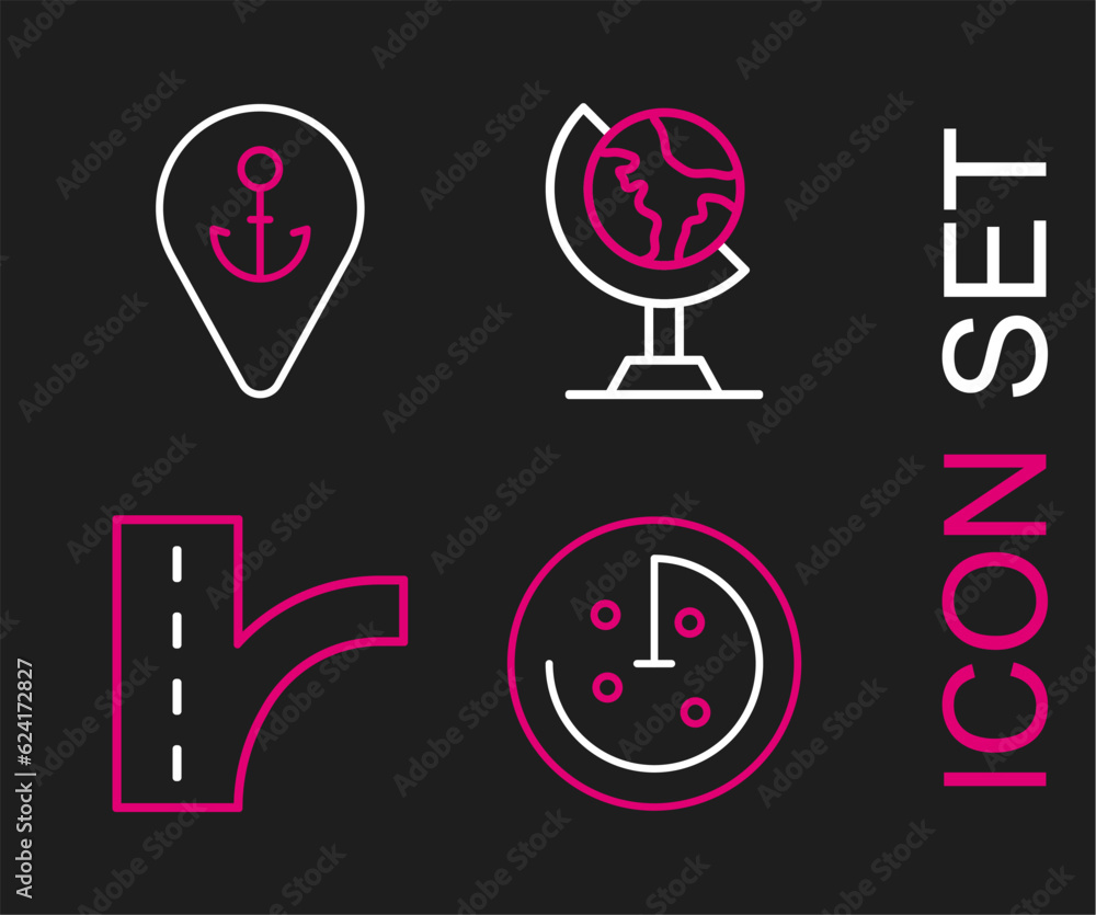 Set line Radar with targets on monitor, Road traffic sign, Earth globe and Location anchor icon. Vector