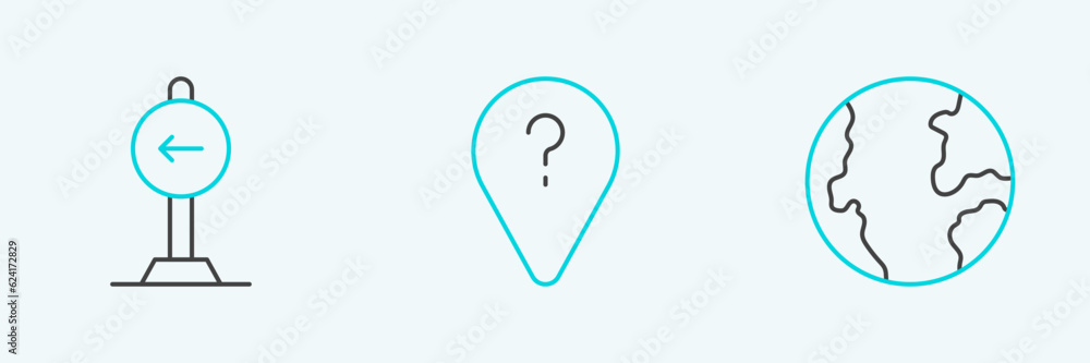 Set line Earth globe, Traffic sign turn left and Unknown route point icon. Vector Set line Earth globe, Traffic sign turn left and Unknown route point icon. Vector