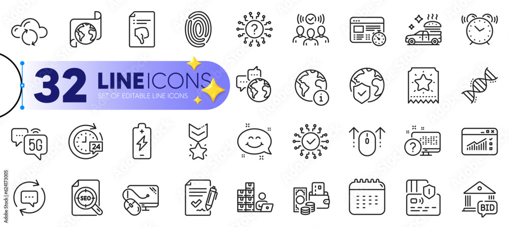 Outline set of Update comments, Chemistry dna and Fingerprint line icons for web with 5g internet, Web traffic, Alarm clock thin icon. Loyalty ticket, Question mark, Card pictogram icon. Vector