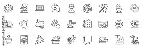 Icons pack as Delivery man, Pizza and Armchair line icons for app include Online market, Card, Laundry outline thin icon web set. Judge hammer, Money currency, Seo target pictogram. Vector