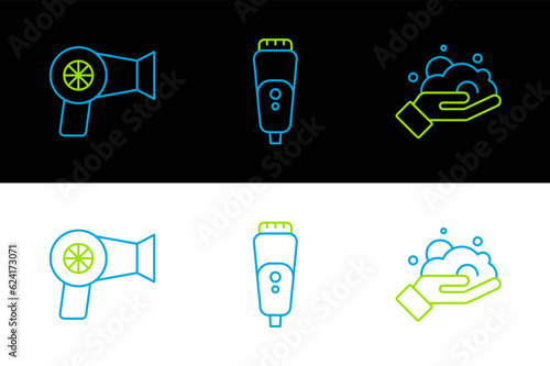 Set line Shaving foam on hand, Hair dryer and Electric razor blade icon. Vector