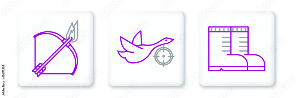 Set line Hunter boots, Bow and fire arrow and on duck with crosshairs icon. Vector Set line Hunter boots, Bow and fire arrow and on duck with crosshairs icon. Vector