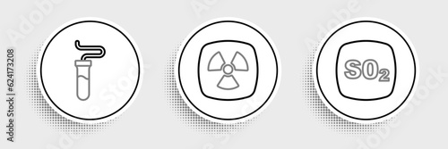 Set line Sulfur dioxide SO2, Test tube and Radioactive icon. Vector