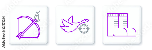 Set line Hunter boots, Bow and fire arrow and on duck with crosshairs icon. Vector