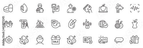 Icons pack as Voice wave, Dots message and World statistics line icons for app include Engineer, Organic waste, Sale offer outline thin icon web set. Terrace, Laptop, No alcohol pictogram. Vector