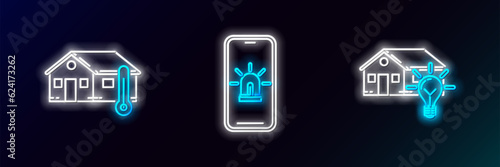 Set line Smart house and light bulb, House temperature and Mobile phone with smart alarm icon. Glowing neon. Vector