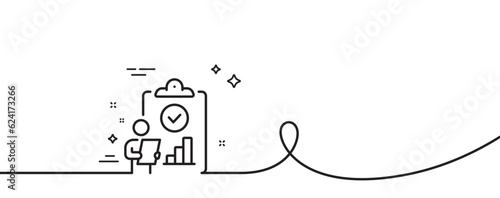 Inspect line icon. Continuous one line with curl. Quality research sign. Verification report list symbol. Inspect single outline ribbon. Loop curve pattern. Vector