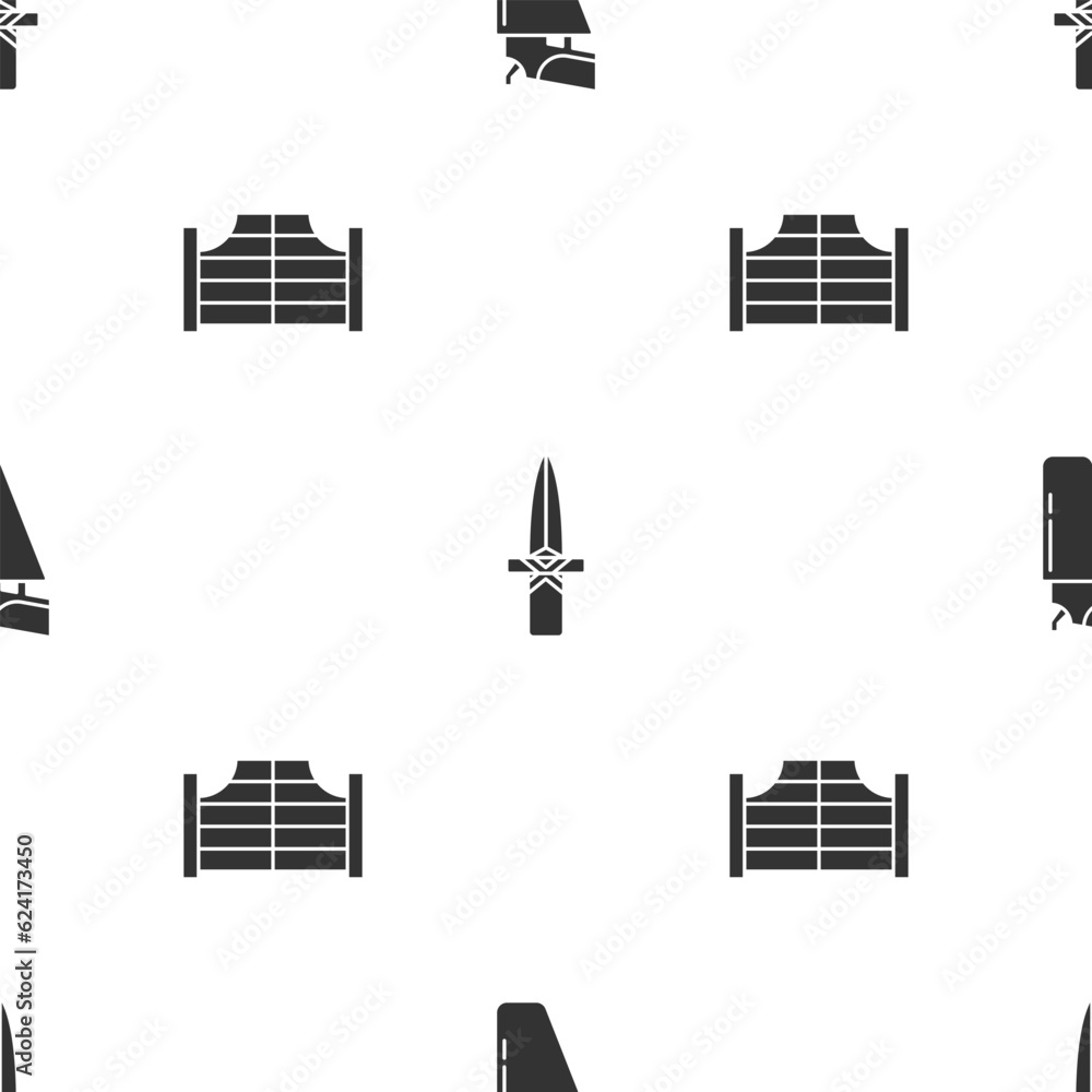 Obraz premium Set Revolver gun in holster, Dagger and Saloon door on seamless pattern. Vector