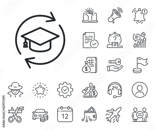 Online education sign. Salaryman, gender equality and alert bell outline icons. Continuing education line icon. Continuing education line sign. Spy or profile placeholder icon. Vector