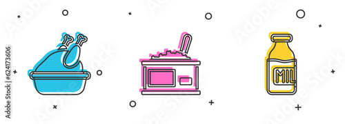 Set Roasted turkey or chicken, Tin can with caviar and Bottle milk icon. Vector