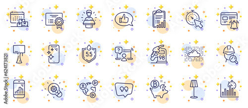 Outline set of Ph neutral, Report timer and Video conference line icons for web app. Include Online question, Table lamp, Smartphone clean pictogram icons. Innovation, Brand ambassador. Vector