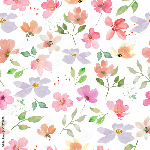 Watercolor floral seamless pattern. Hand drawn illustration isolated on white background. 