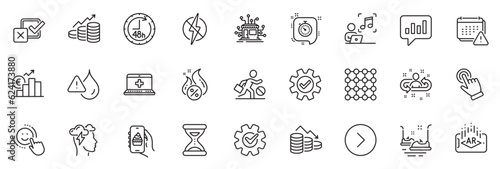 Icons pack as Music, Timer and Mindfulness stress line icons for app include 48 hours, Medical help, Cogwheel outline thin icon web set. Euro rate, Notification, Food app pictogram. Vector
