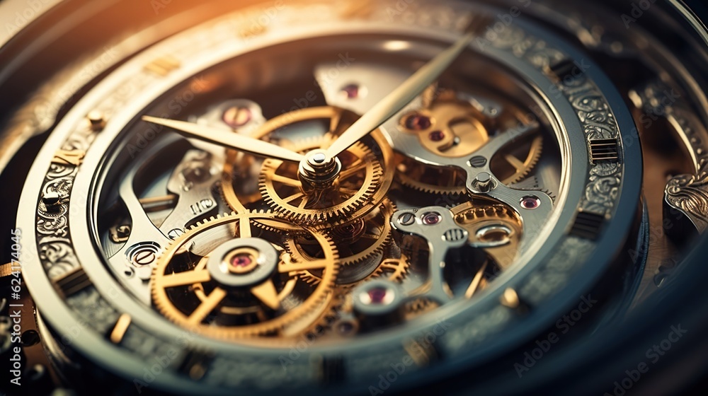Gears and cogs mechanisms of clockwork. Created with Generative Ai technology.