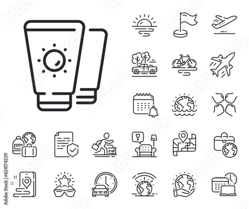 Sun cream sign. Plane jet, travel map and baggage claim outline icons. Sunscreen line icon. Sunblock lotion symbol. Sunscreen line sign. Car rental, taxi transport icon. Place location. Vector