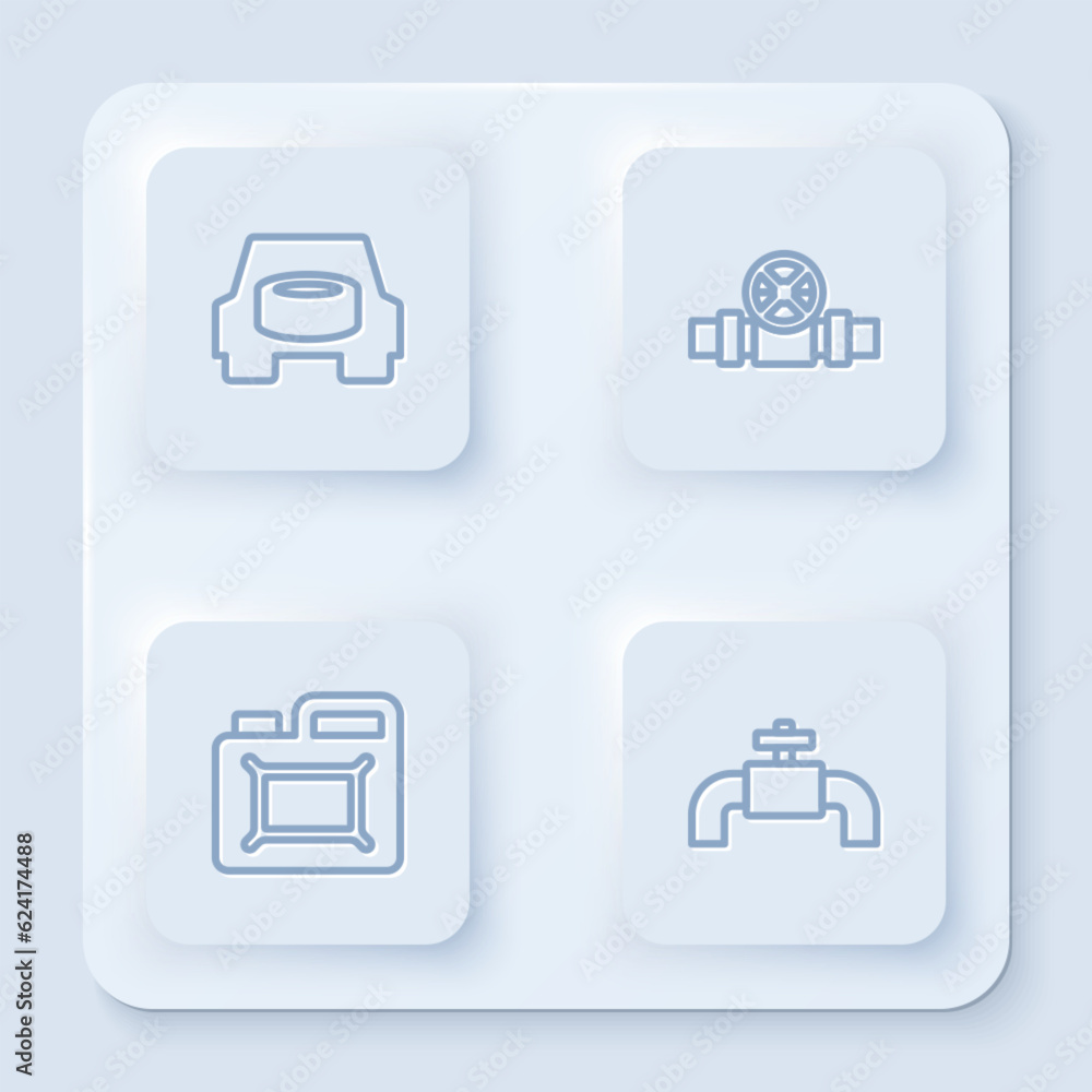 Set line Spare wheel in the car, Metallic pipes and valve, Canister for motor oil and . White square button. Vector Set line Spare wheel in the car, Metallic pipes and valve, Canister for motor oil and . White square button. Vector