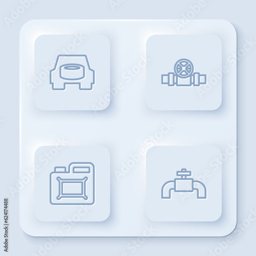 Set line Spare wheel in the car, Metallic pipes and valve, Canister for motor oil and . White square button. Vector