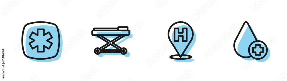 Set line Location hospital, Emergency - Star of Life, Stretcher and Donate drop blood icon. Vector Set line Location hospital, Emergency - Star of Life, Stretcher and Donate drop blood icon. Vector