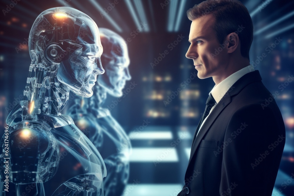 The man opposite the AI. The concept of confrontation between humanity and artificial intelligence The man opposite the AI. The concept of confrontation between humanity and artificial intelligence