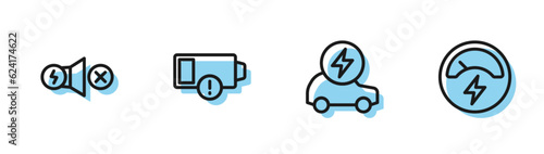 Set line Electric car, motor, Low battery and Voltmeter icon. Vector