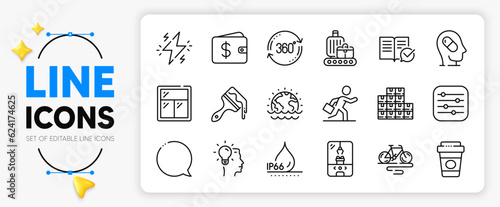 Idea, Crane claw machine and Bike line icons set for app include Takeaway coffee, Disaster, Baggage belt outline thin icon. Window, Full rotation, Depression treatment pictogram icon. Vector