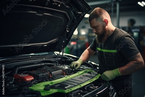 A mechanic in a car service works on a repair. Portrait with selective focus and copy space