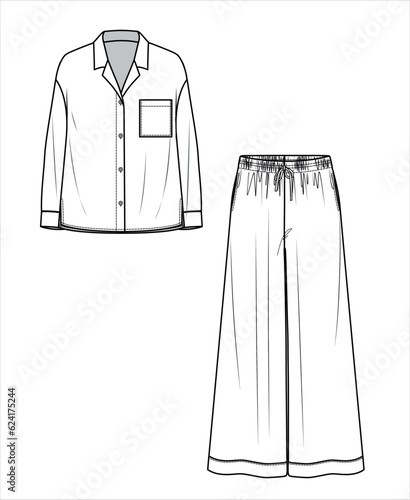 Vector drop shoulder shirt with pants fashion CAD, woman long sleeve shirt and trousers technical drawing, sketch, template, flat, mock-up. Woven fabric pajama set with front, back view, white color
