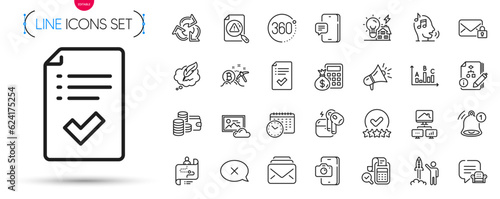 Pack of Megaphone, Voicemail and 360 degrees line icons. Include Calendar time, Work home, Finance calculator pictogram icons. Mail, Reject, Search document signs. Recycle, Headset. Vector