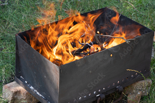 Bright bonfire before cooking barbeque. Iron fire brazier and dry burning branches, charcoal inside on green grass background