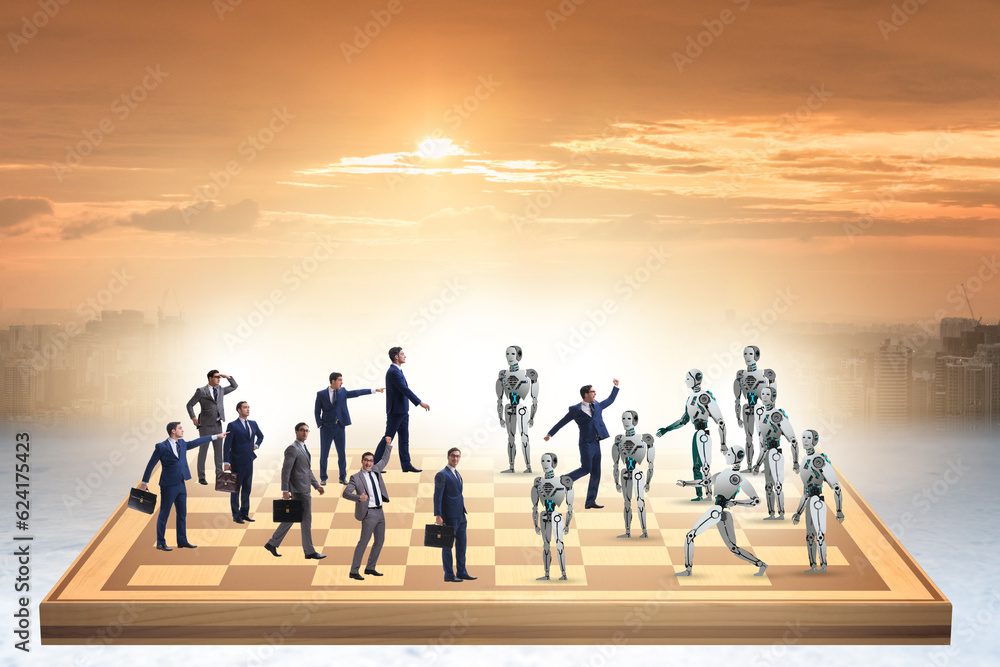 Fototapeta premium Concept of chess played by humans versus robots