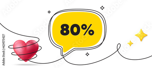 80 percent off sale tag. Continuous line art banner. Discount offer price sign. Special offer symbol. Discount speech bubble background. Wrapped 3d heart icon. Vector