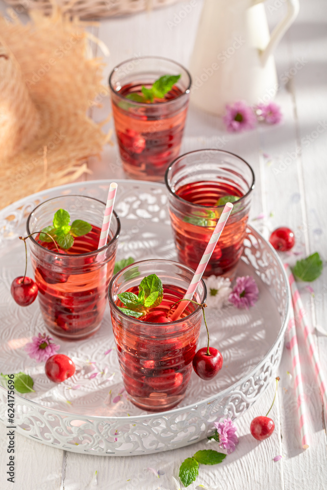 Cold lemonade with sweet cherries and mint. Cold lemonade with sweet cherries and mint.