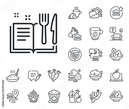 Cutlery sign. Crepe, sweet popcorn and salad outline icons. Recipe book line icon. Fork, knife symbol. Recipe book line sign. Pasta spaghetti, fresh juice icon. Supply chain. Vector