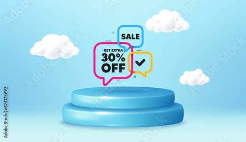 Sale 30 percent banner. Winner podium 3d base. Product offer pedestal. Discount sticker shape. Coupon bubbles icon. Sale 30 promotion message. Background with 3d clouds. Vector