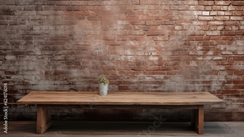 Rustic wood table against weathered brick backdrop. Generative AI © Kanisorn