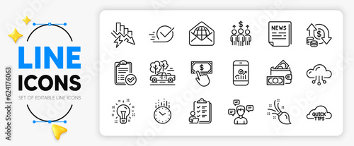 Idea, Payment click and Money wallet line icons set for app include Smartphone statistics, Time, Cloud computing outline thin icon. Checklist, Saving electricity, Pickup pictogram icon. Vector