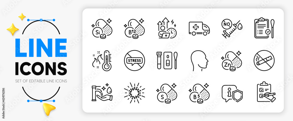 High thermometer, Head and Cobalamin vitamin line icons set for app include Pantothenic acid, No smoking, Coronavirus vaccine outline thin icon. Coronavirus, Difficult stress. Vector